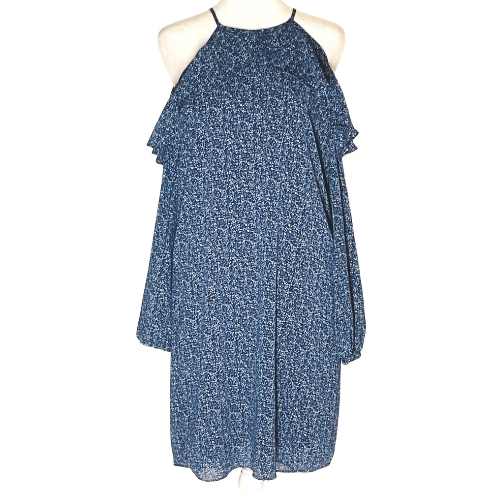Michael Kors ruffle sheer mini dress floral lightweight cold shoulder blue XS‎